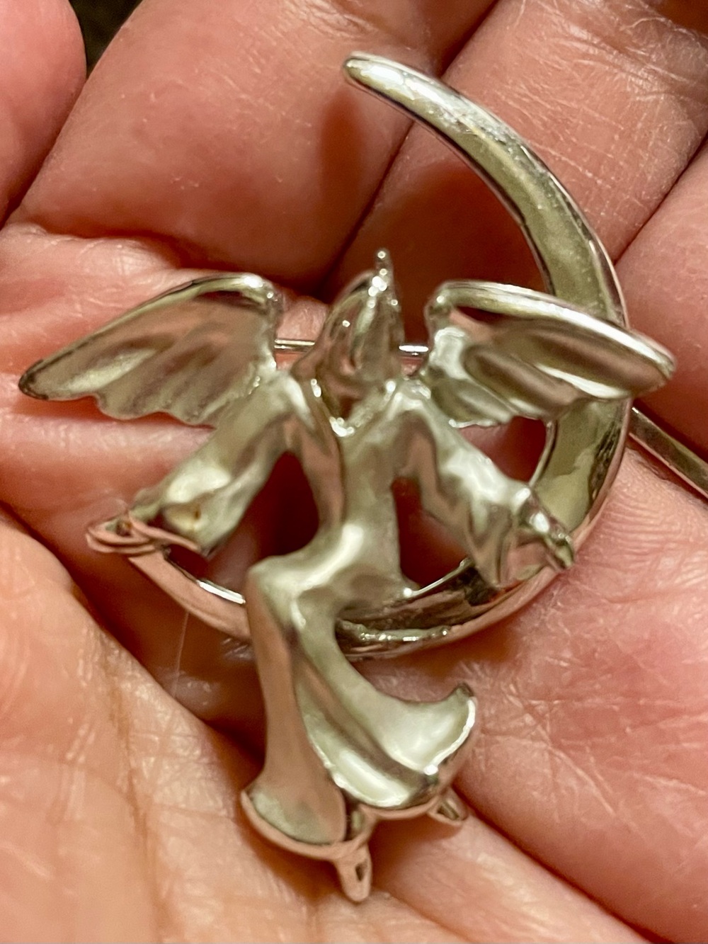 Vintage Silver Angel on Crescent Moon Signed Brooch